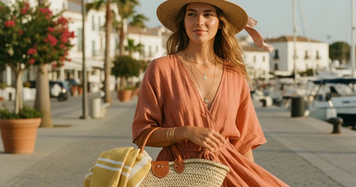 sac de plage femme — femme bohème avec sac de plage femme en toile lors d'une balade en ville ensoleillée