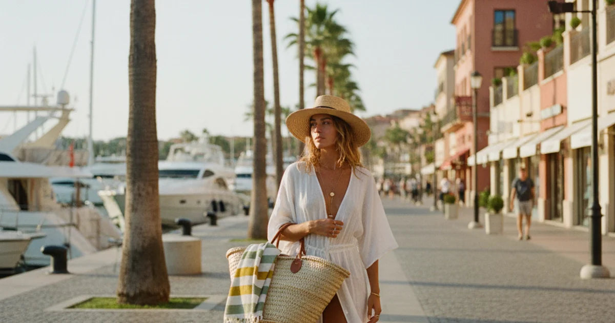 sac de plage — grand cabas en coton coloré posé sur le sable avec serviette et lunettes de soleil
