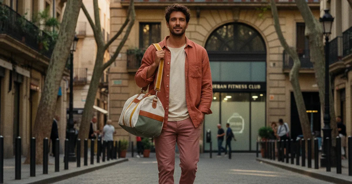 sac de sport homme — femme bohème avec sac de sport homme en toile lors d'une balade en ville ensoleillée