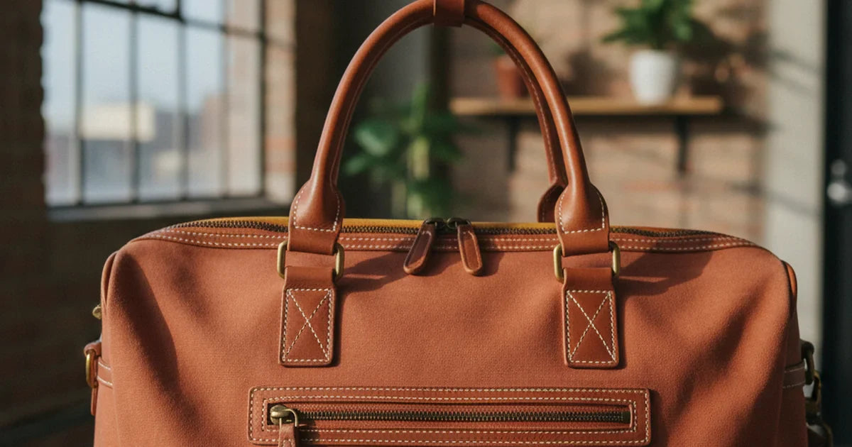 sac de voyage homme — femme bohème avec sac de voyage homme en toile lors d'une balade en ville ensoleillée