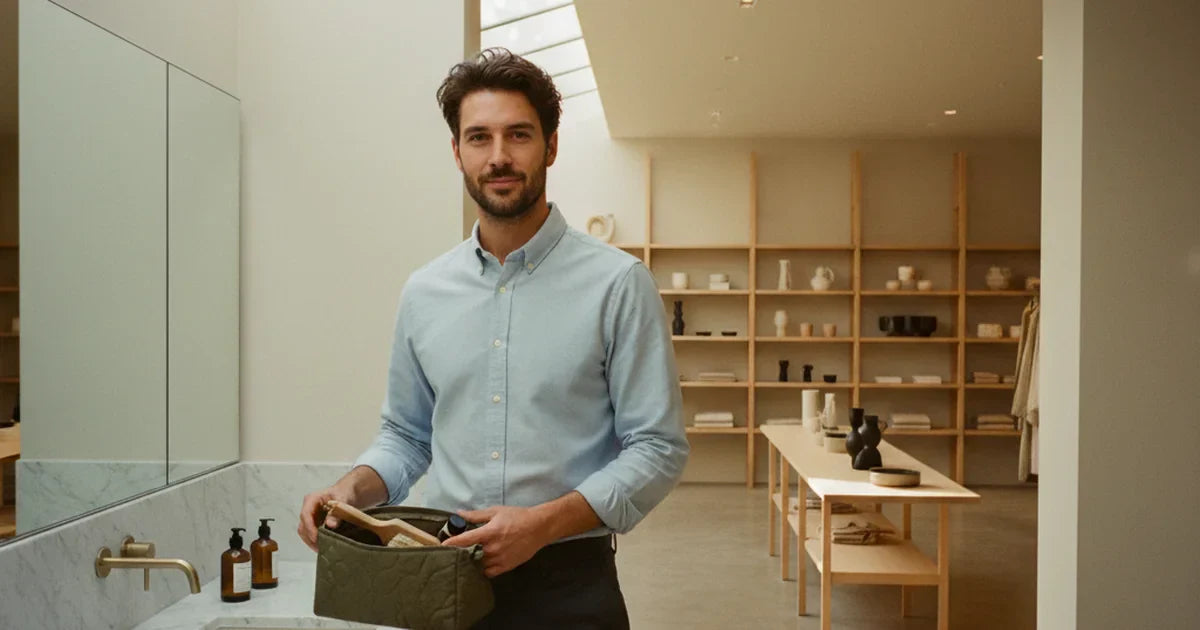 trousse de toilette homme — jeune homme barbu en chemise oxford bleu ciel debout devant un lavabo en marbre blanc dans une salle de bain hôtel scandinave, posant une trousse matelassée vert olive ouverte