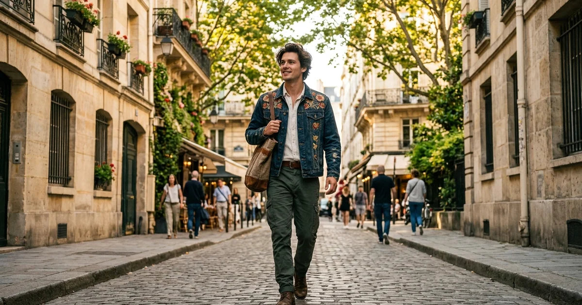veste brodée homme — femme bohème avec veste brodée homme en toile lors d'une balade en ville ensoleillée