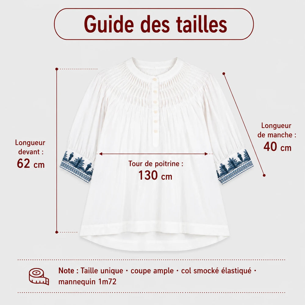 Damenbluse aus besticktem Baumwollvoile in Weiß und Blau