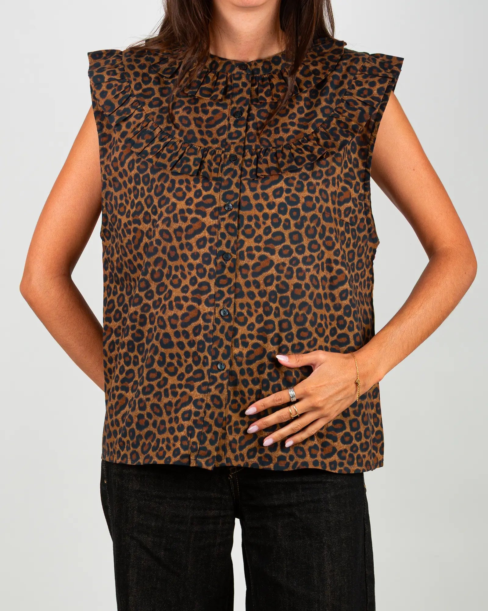 Blusa donna senza maniche con volant Leopardo
