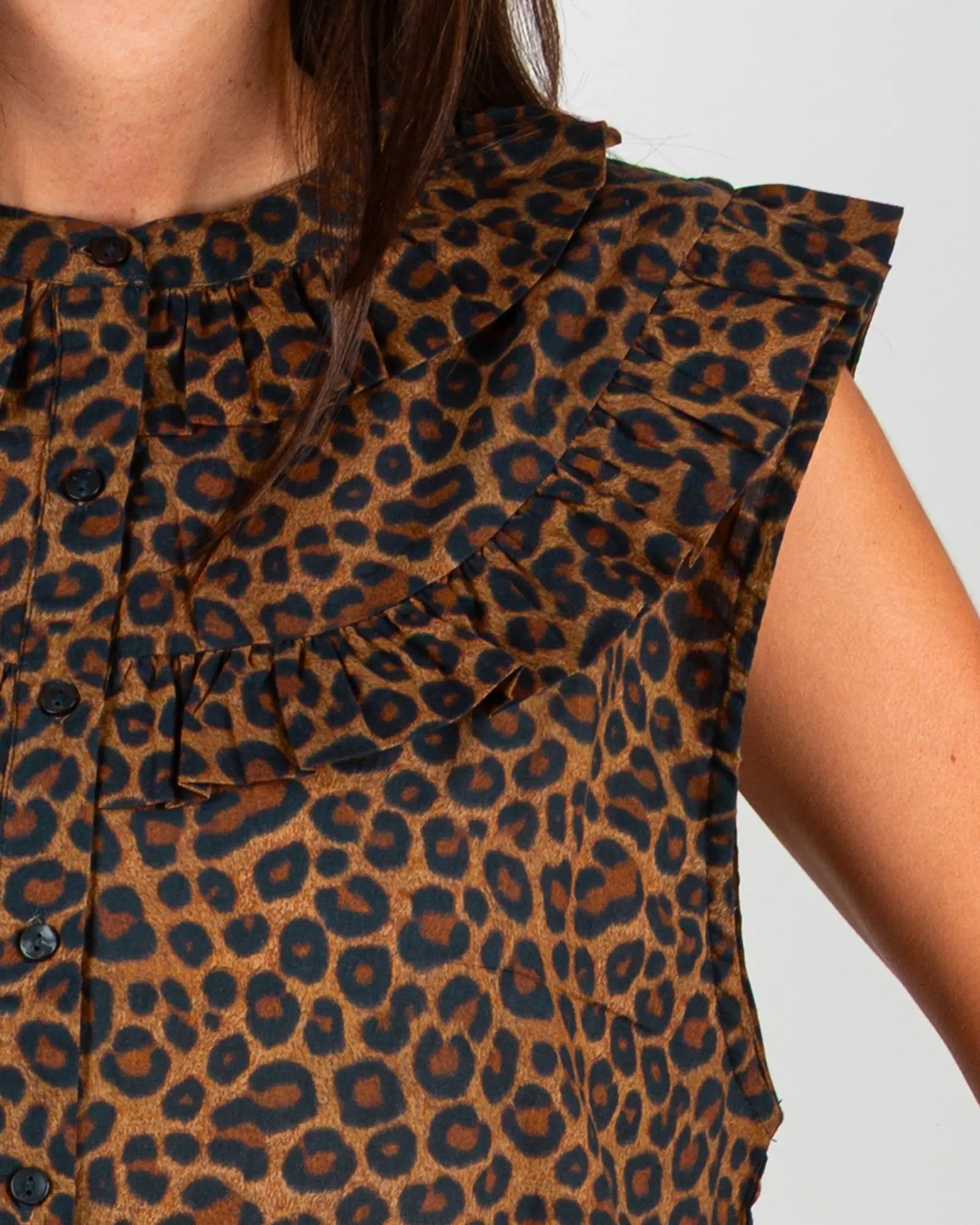 Blusa donna senza maniche con volant Leopardo