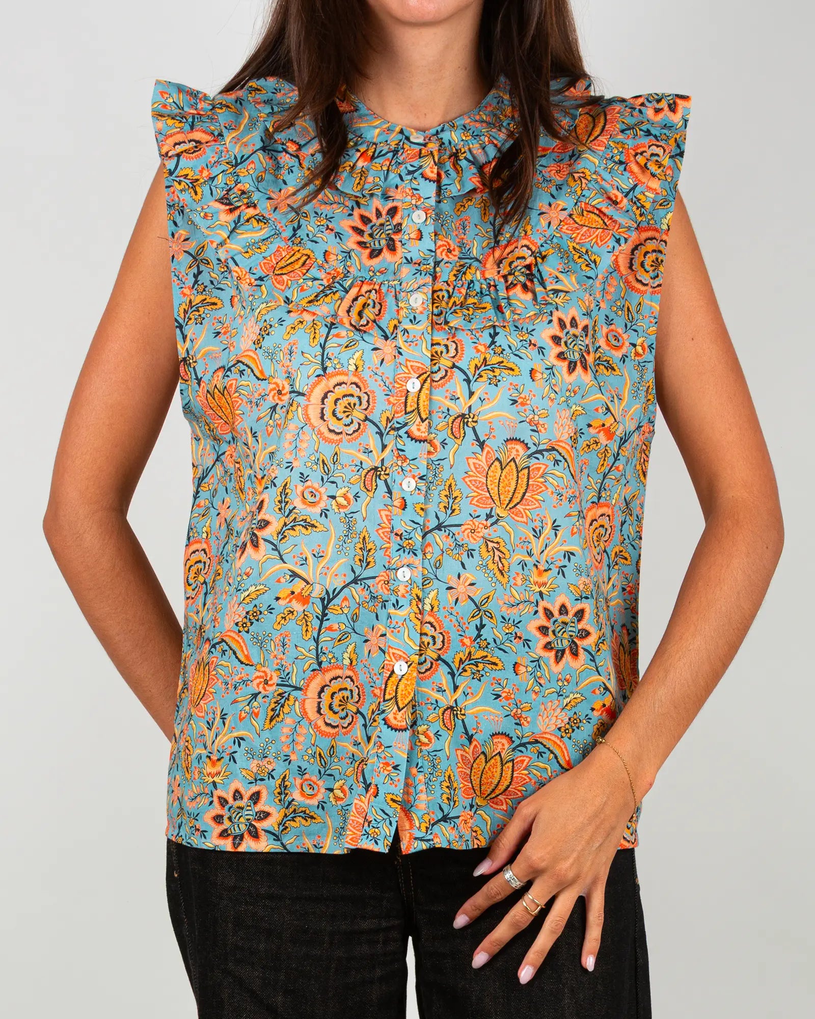 Blusa donna senza maniche con volant Lolem