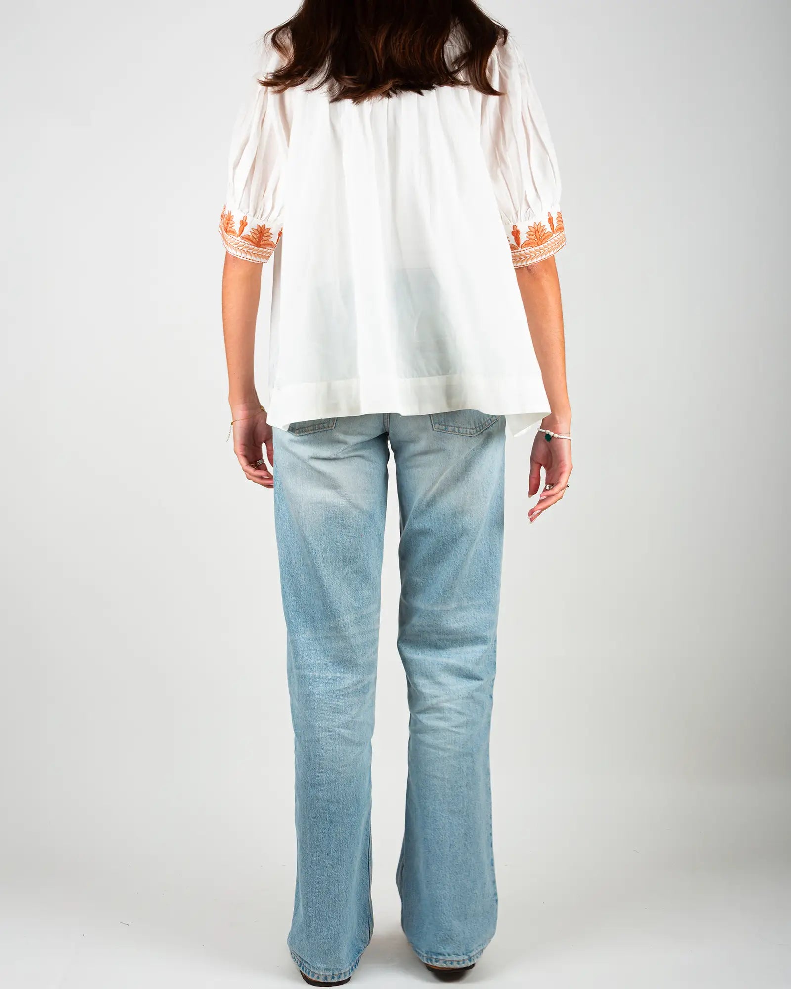 Blusa donna in voile di cotone ricamato Bianco e Arancione