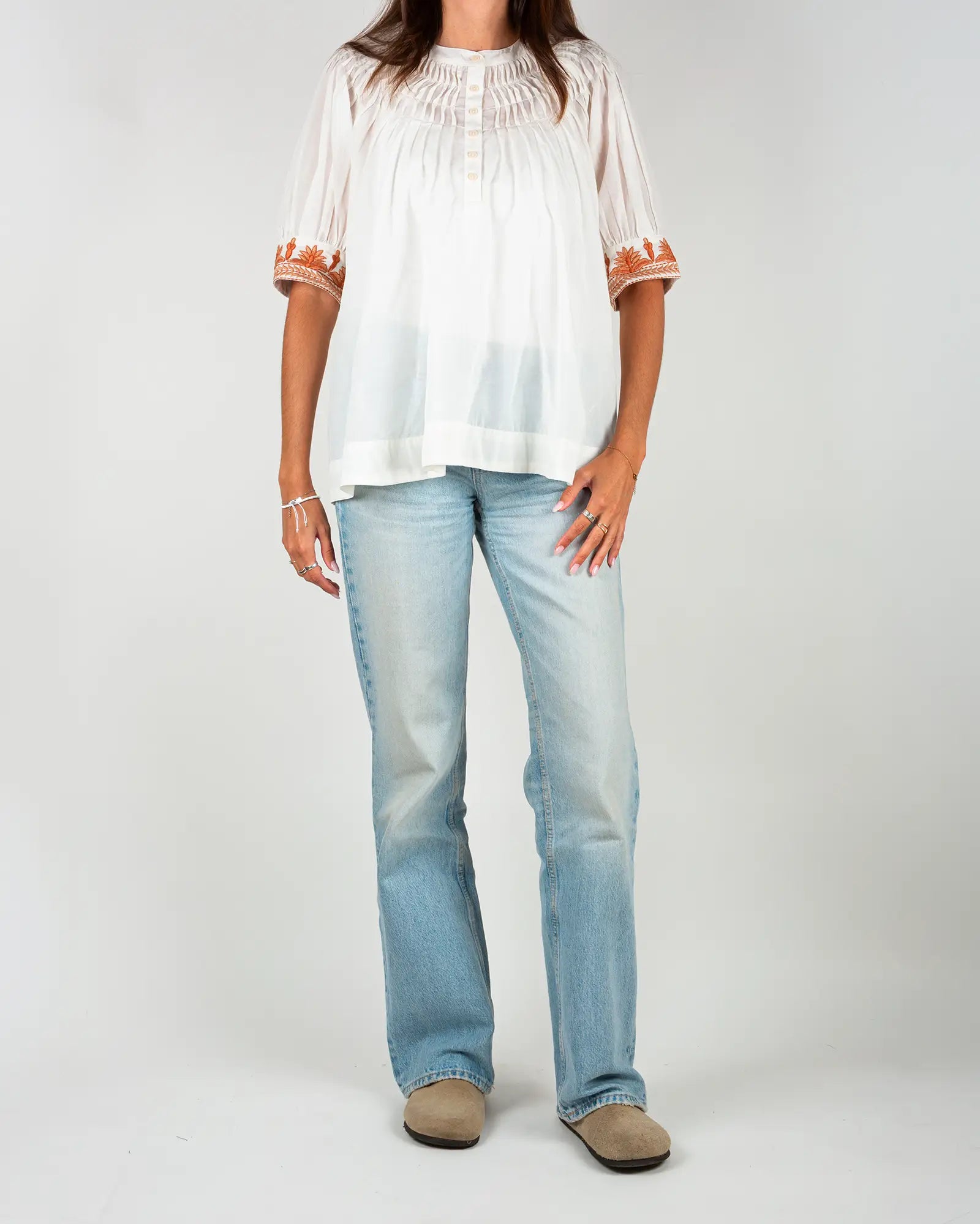 Blusa donna in voile di cotone ricamato Bianco e Arancione