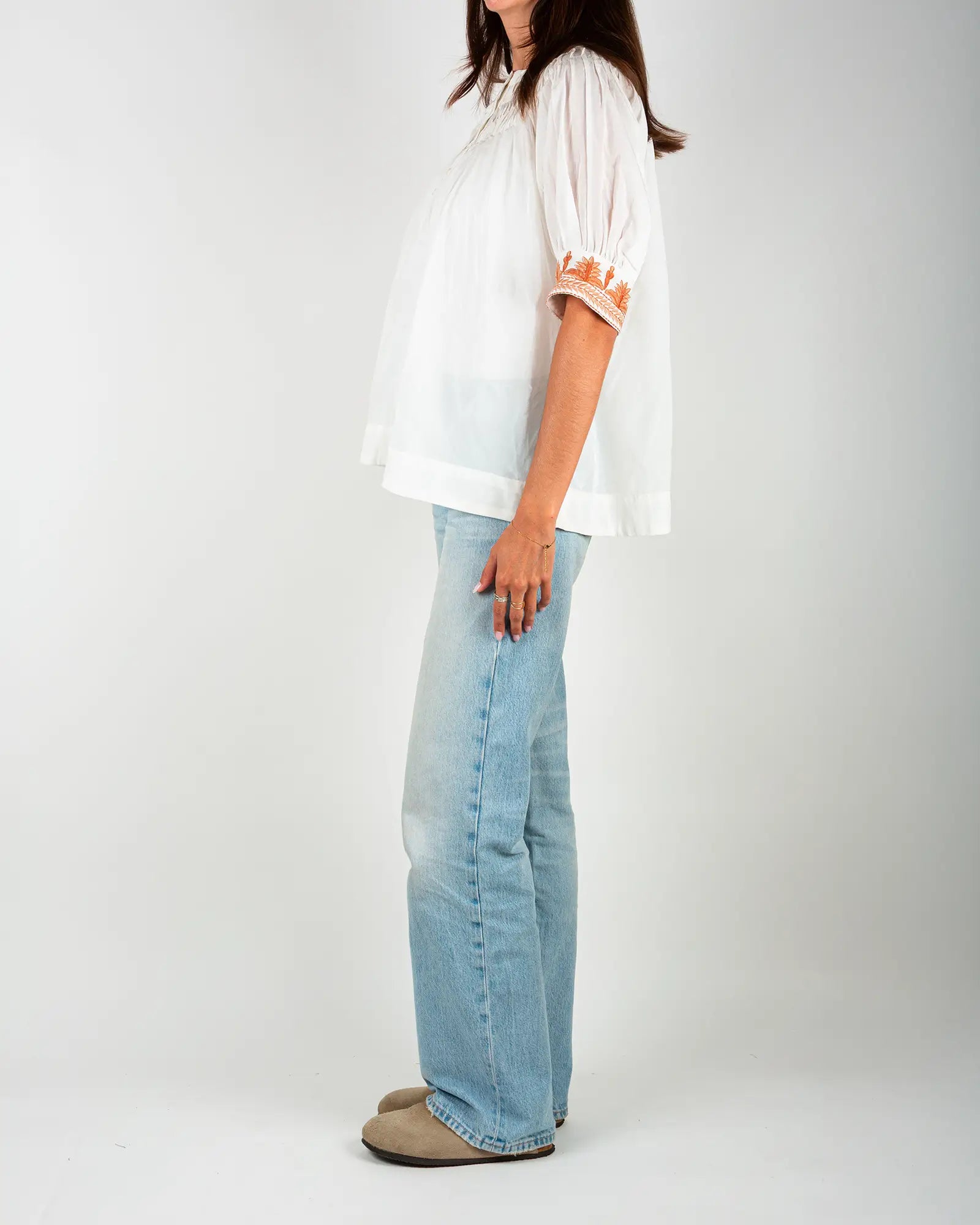 Blusa donna in voile di cotone ricamato Bianco e Arancione