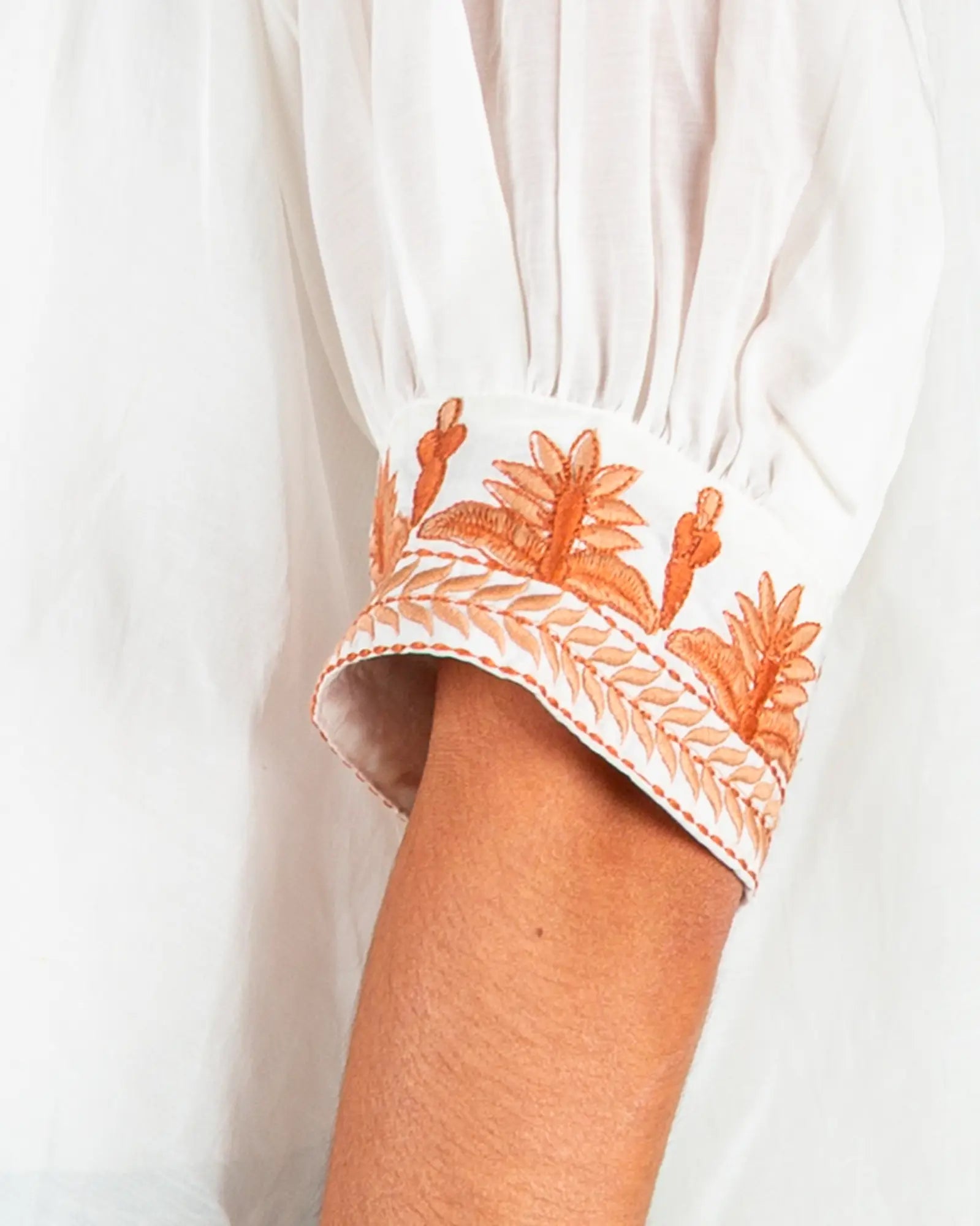 Blusa donna in voile di cotone ricamato Bianco e Arancione