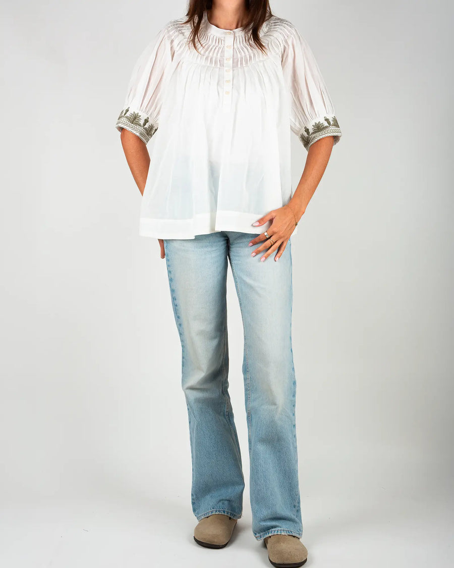 Blouse femme en voile de coton brodée Blanc et Vert – Bokabas