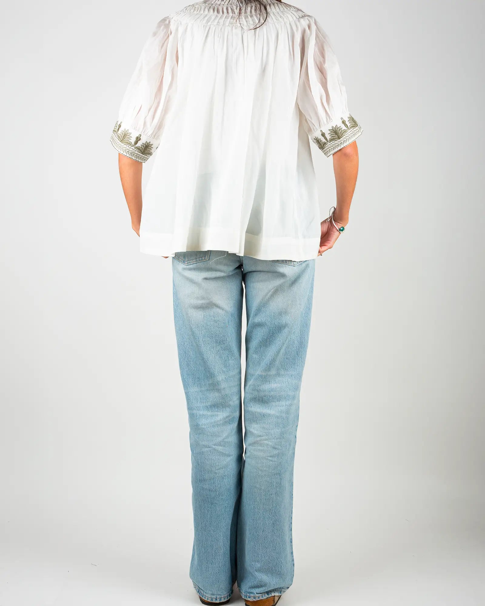 Blusa donna in voile di cotone ricamato Bianco e Verde