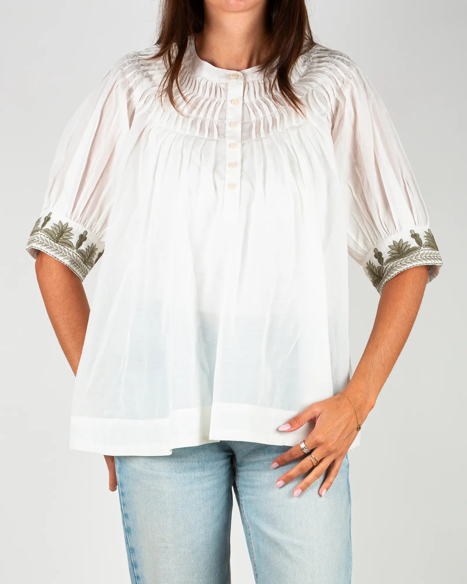 Blusa donna in voile di cotone ricamato Bianco e Verde