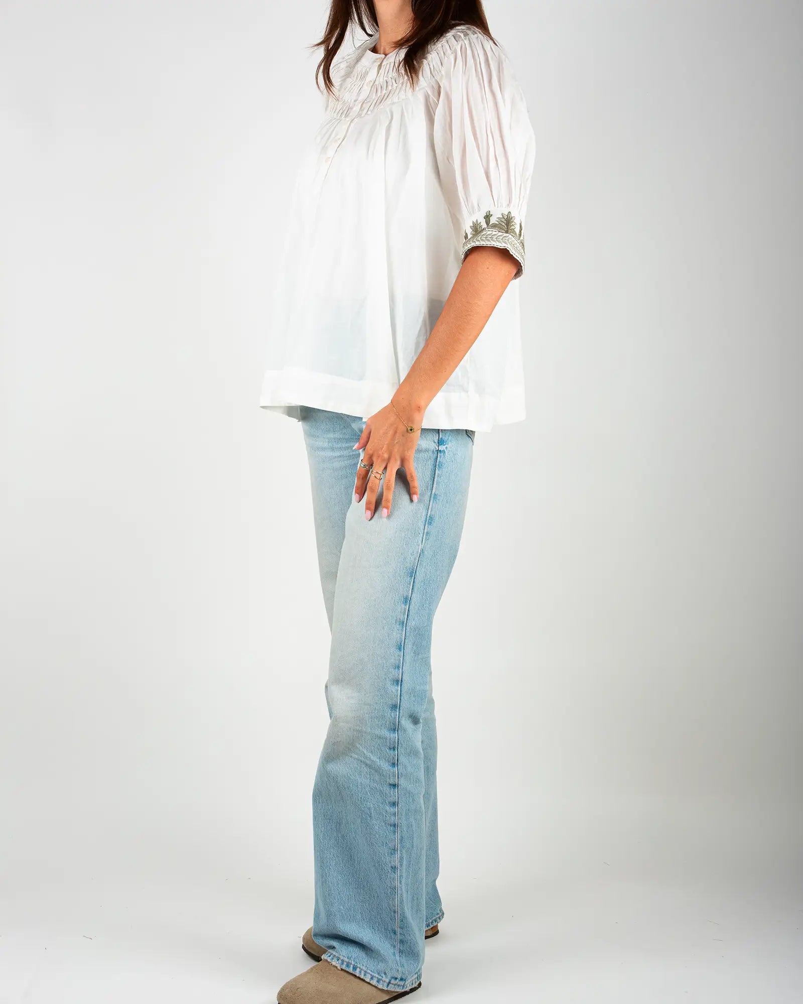 Blusa donna in voile di cotone ricamato Bianco e Verde