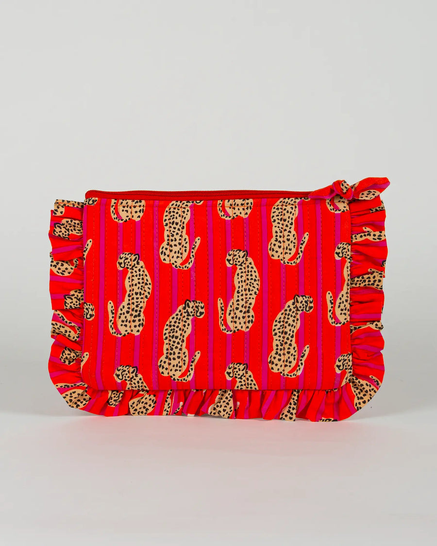 Pochette matelassée à froufrous Bokabas, imprimé Guépard rayé orange et rose, vue de dos