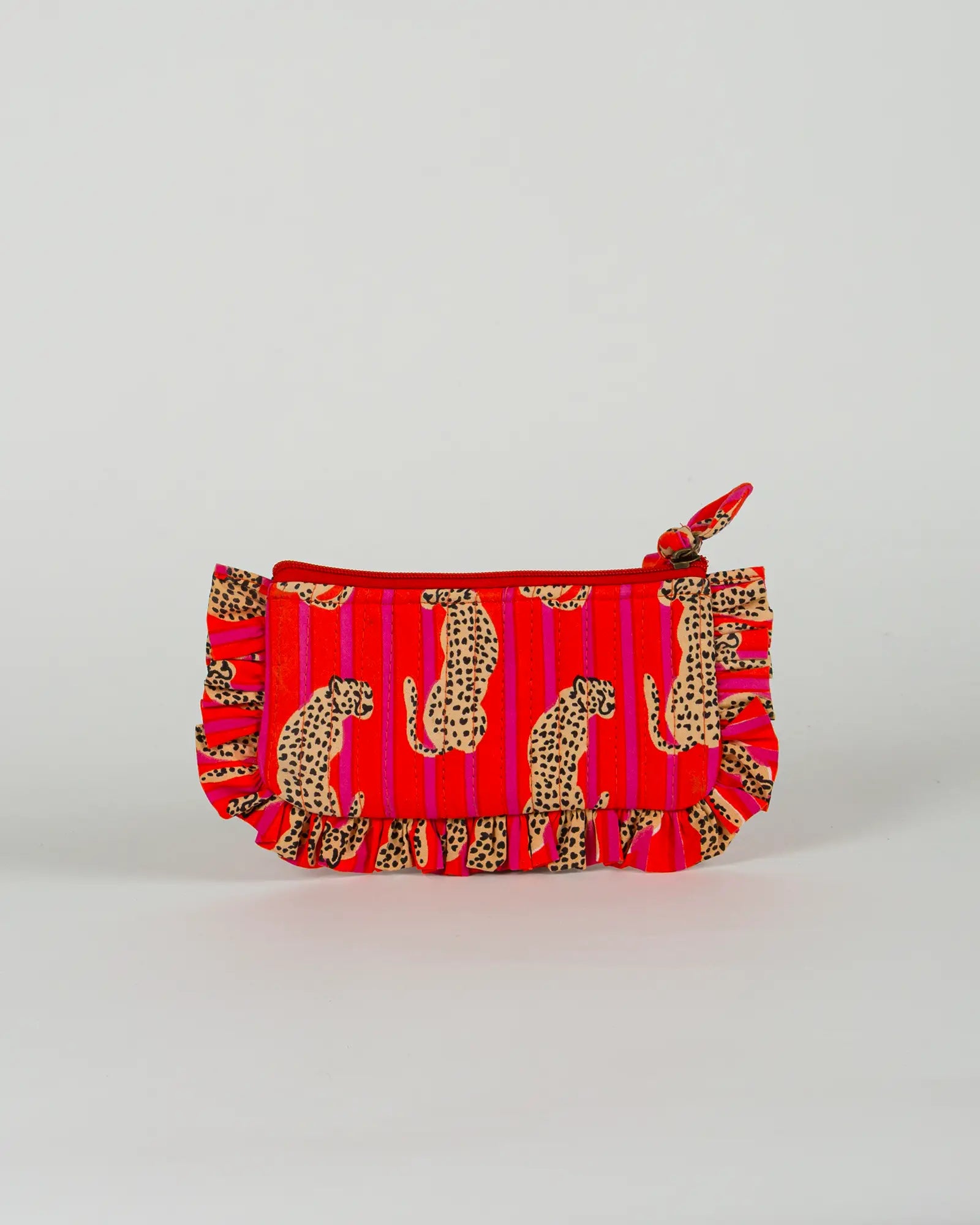 Pochette matelassée à froufrous Bokabas, imprimé Guépard rayé orange et rose, vue de dos
