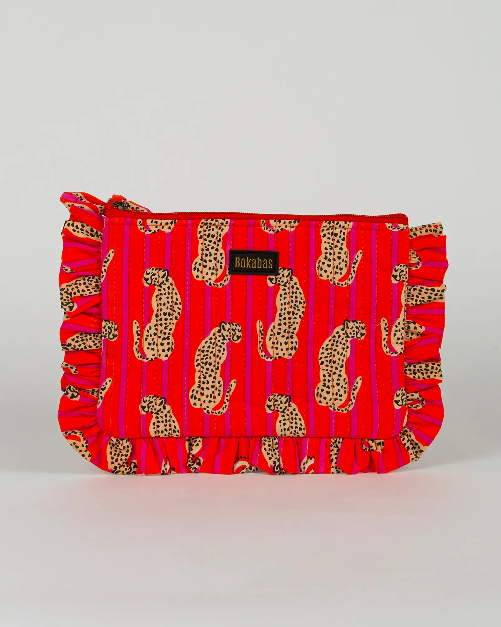 Pochette matelassée à froufrous Bokabas, imprimé Guépard rayé orange et rose, vue de face