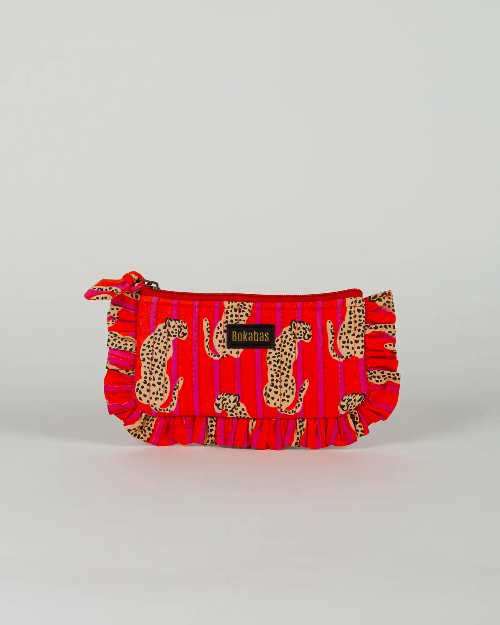 Pochette matelassée à froufrous Bokabas, imprimé Guépard rayé orange et rose, vue de face