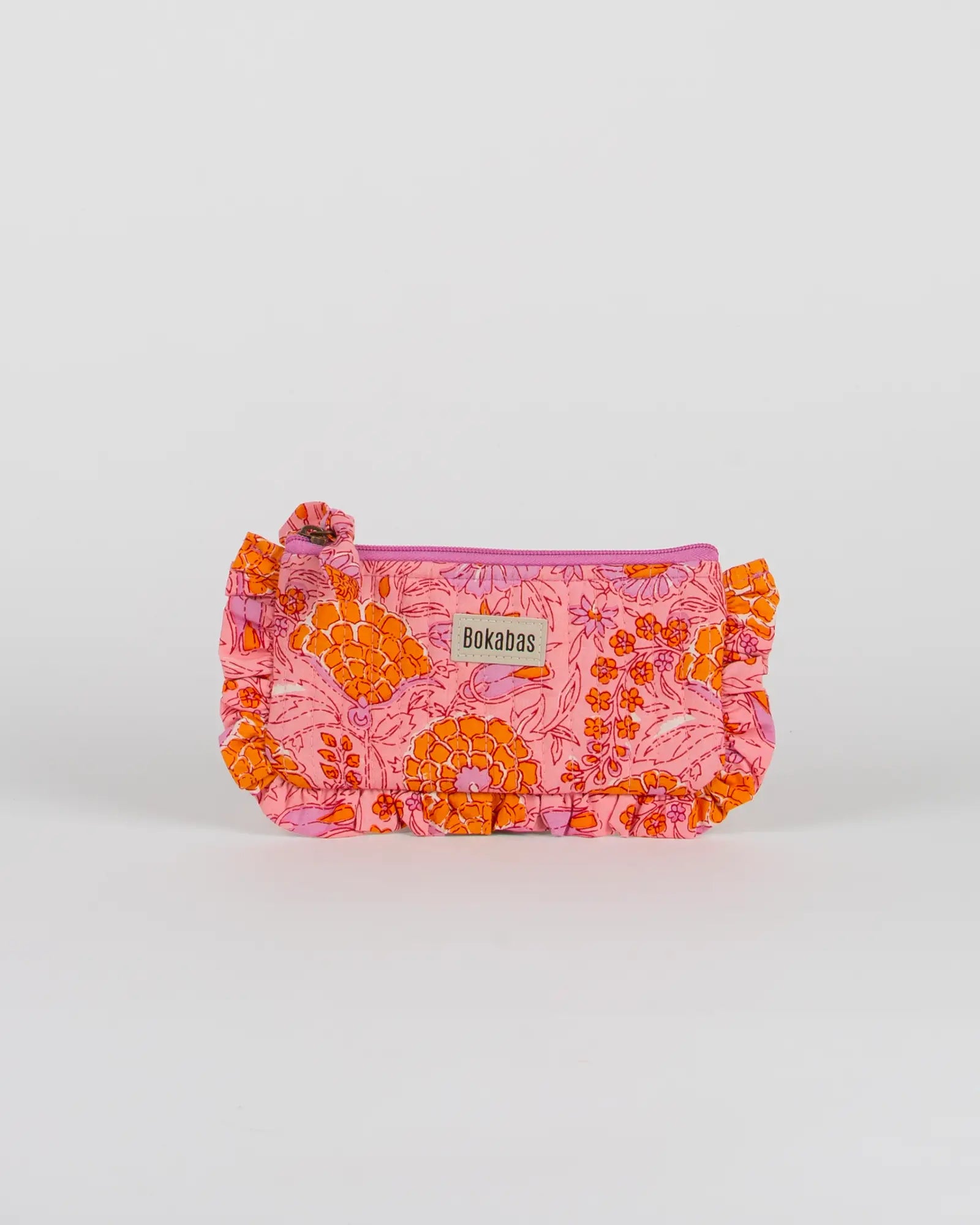 Pochette matelassée à froufrous Bokabas, imprimé Marie rose fleuri, vue de face