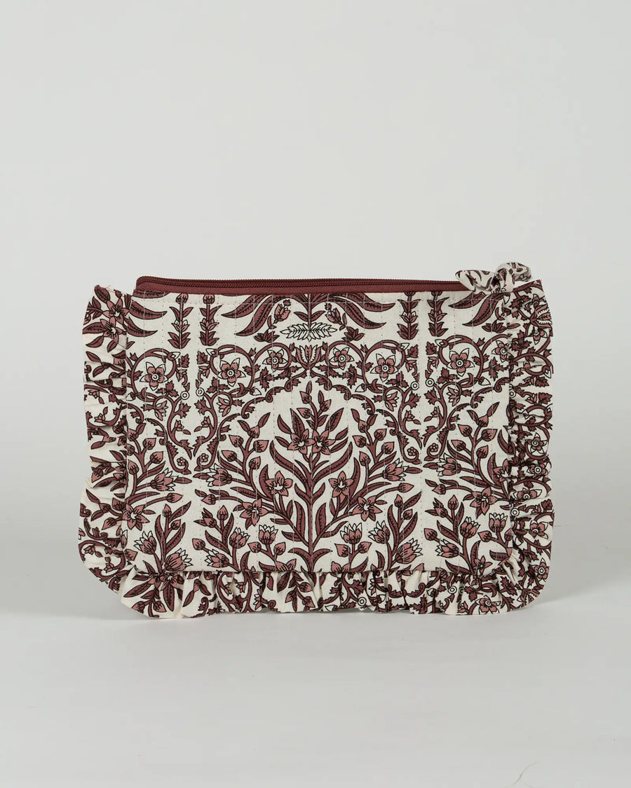 Pochette matelassée à froufrous Bokabas, imprimé Vale fleuri marron et blanc, vue de dos
