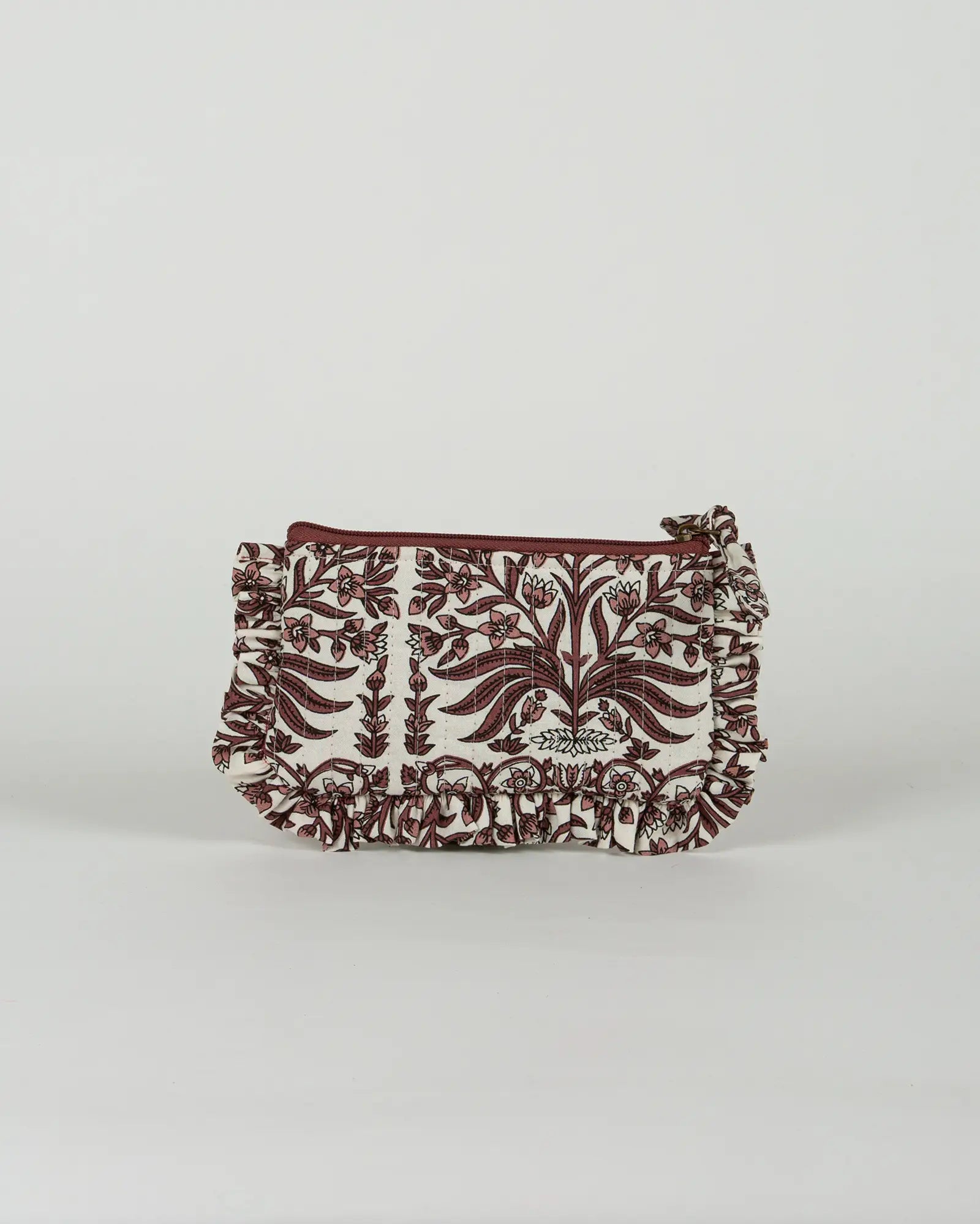 Pochette matelassée à froufrous Bokabas, imprimé Vale fleuri marron et blanc, vue de dos
