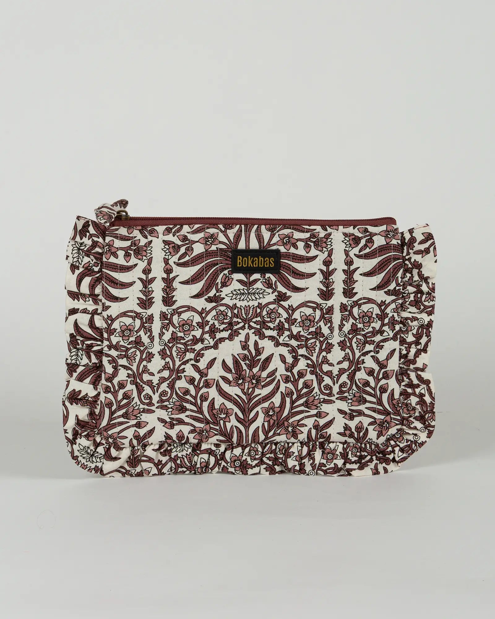 Pochette matelassée à froufrous Bokabas, imprimé Vale fleuri marron et blanc, vue de face