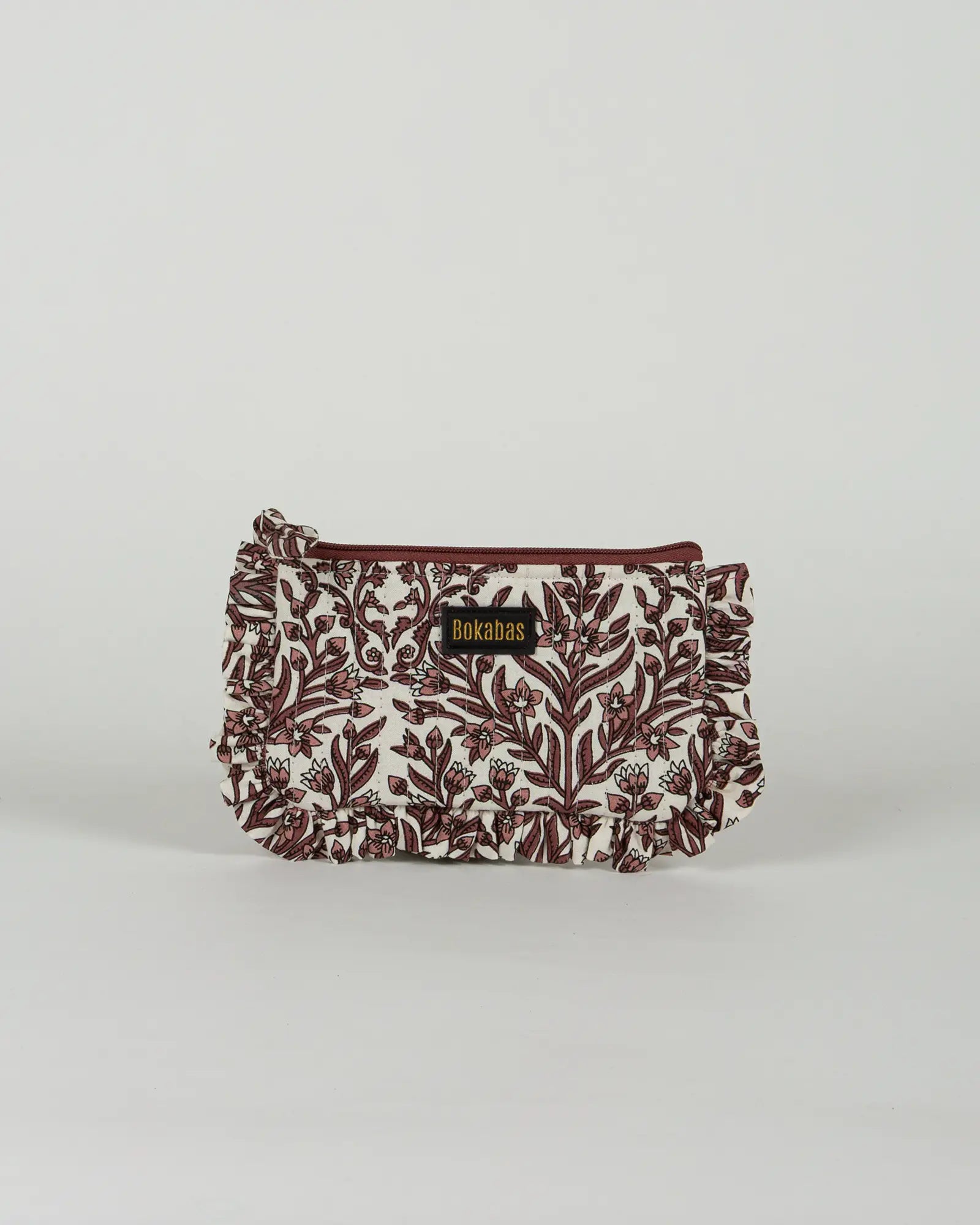 Pochette matelassée à froufrous Bokabas, imprimé Vale fleuri marron et blanc, vue de face