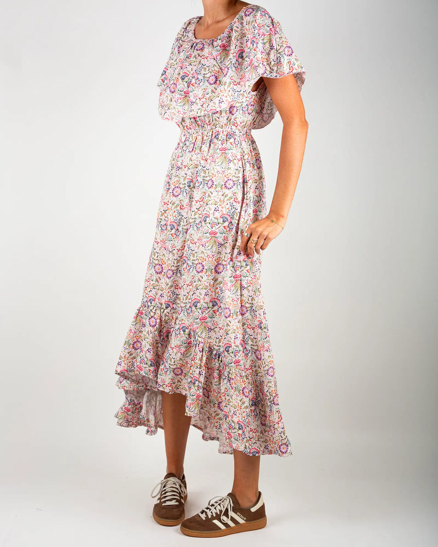 Robe épaules dénudées femme Bokabas, imprimé fleuri blanc et rose Febre, vue de trois-quarts