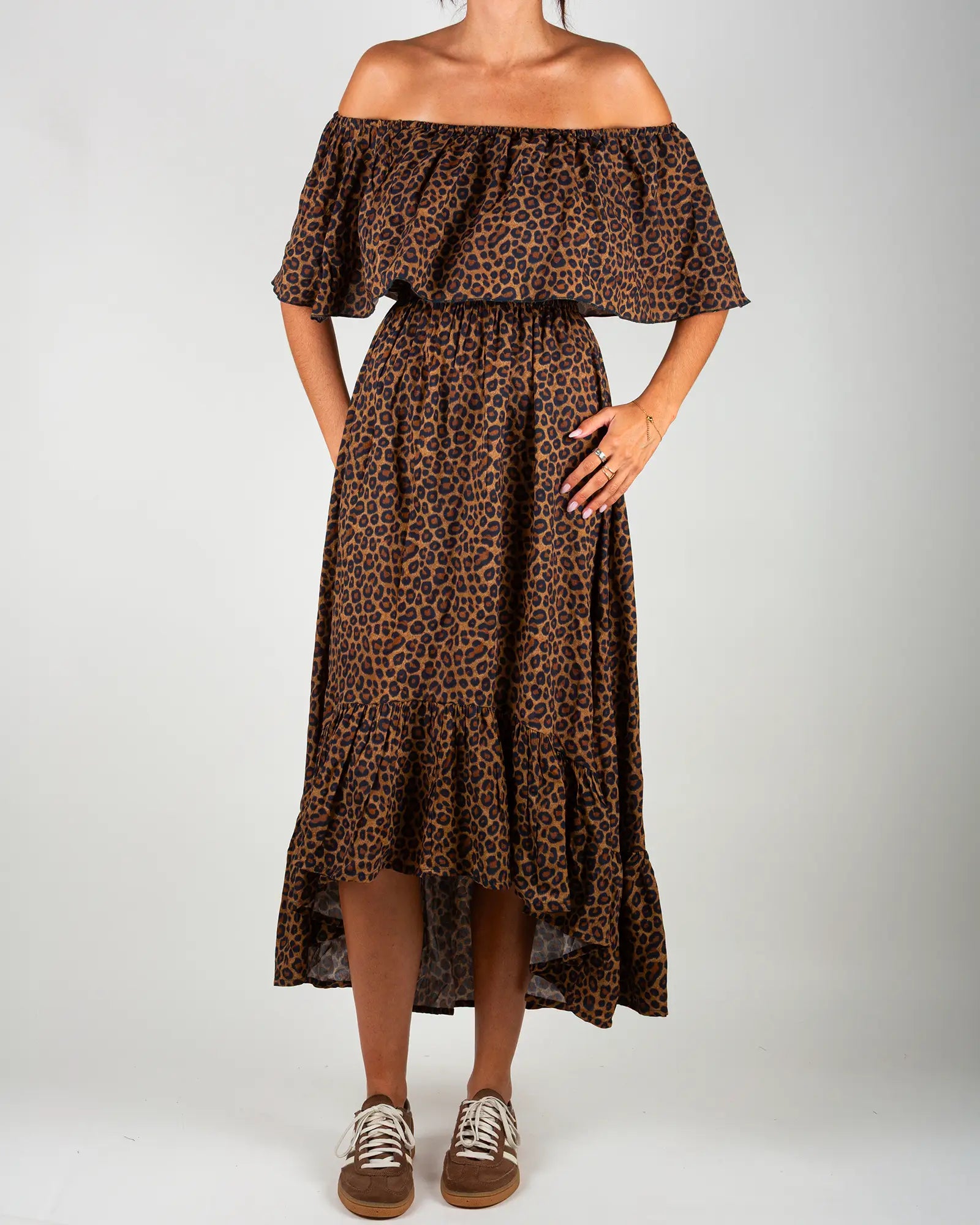 Robe épaules dénudées femme Bokabas, imprimé léopard noir et marron, vue de face