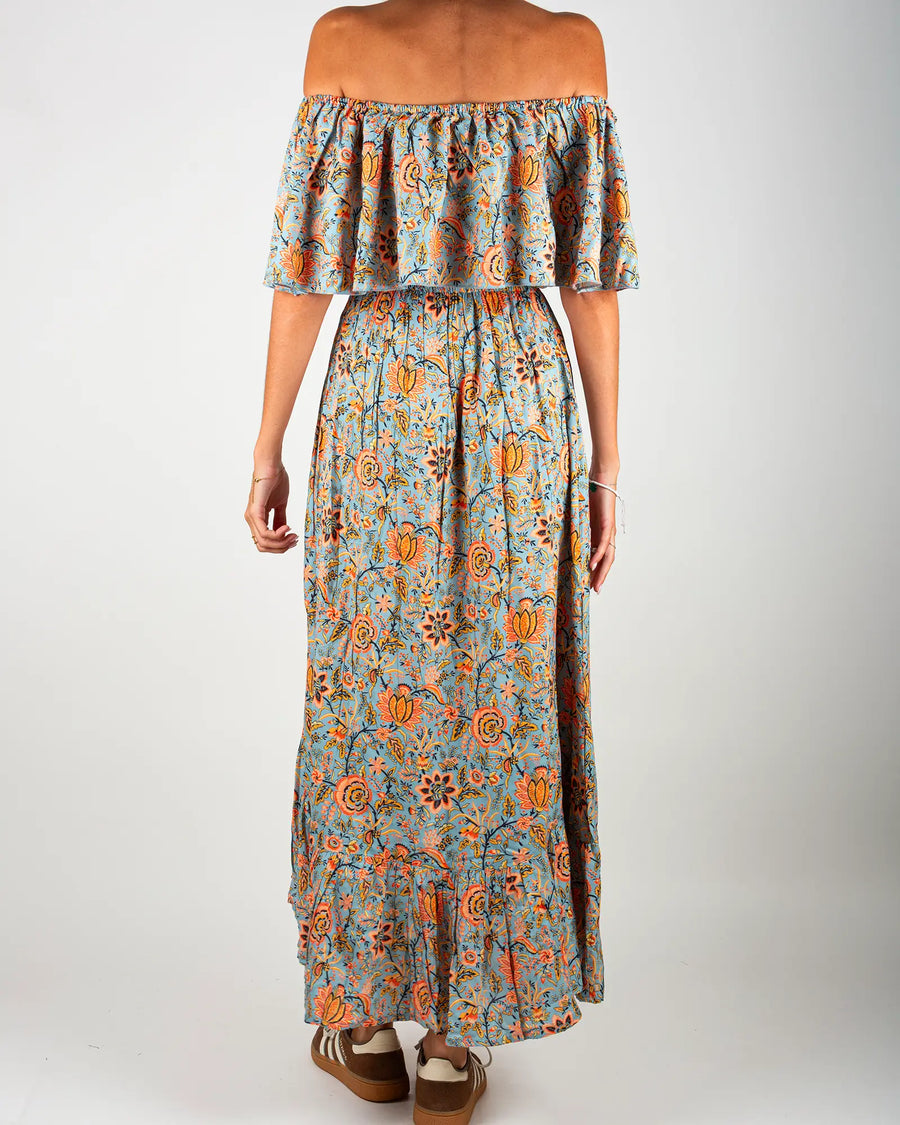 Robe épaules dénudées femme Bokabas, imprimé fleuri bleu et rose Lolem, vue de dos