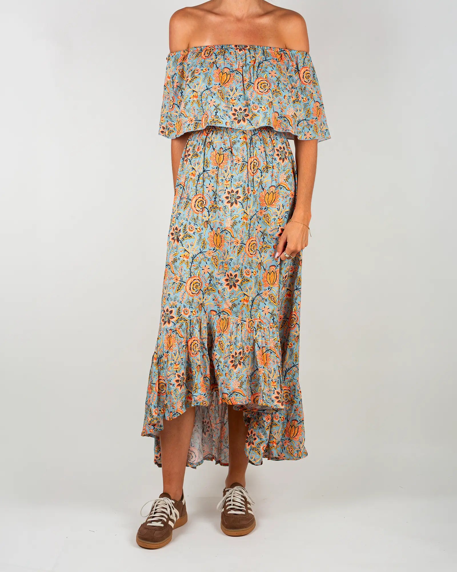 Robe épaules dénudées femme Bokabas, imprimé fleuri bleu et rose Lolem, vue de face