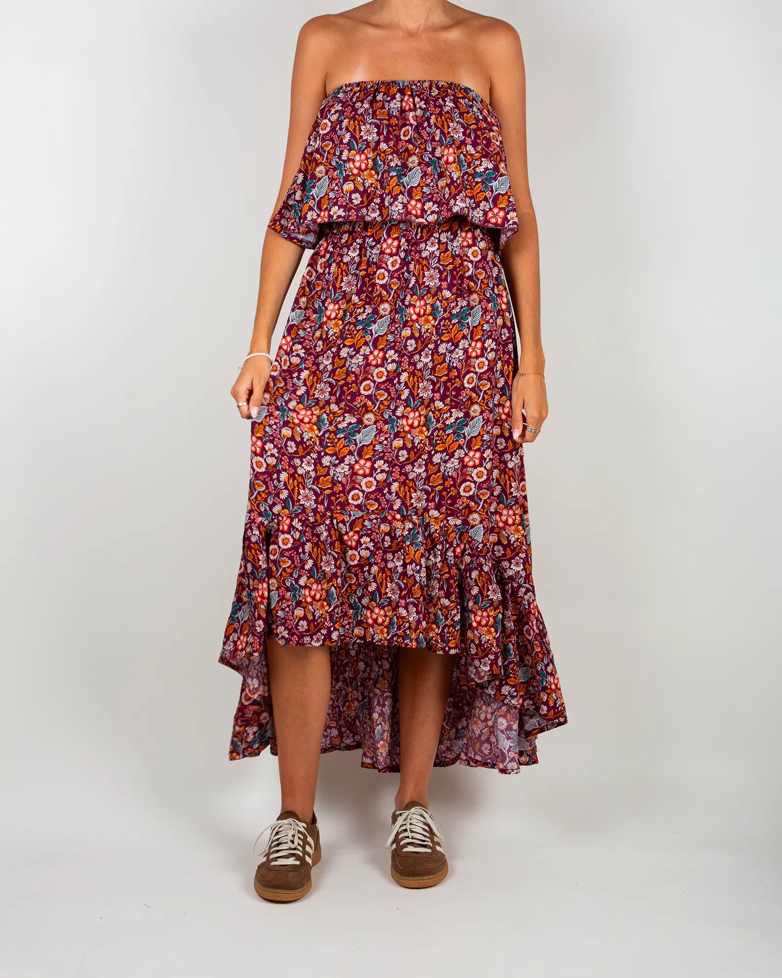 Robe épaules dénudées femme Bokabas, imprimé fleuri violet Morris, vue de face