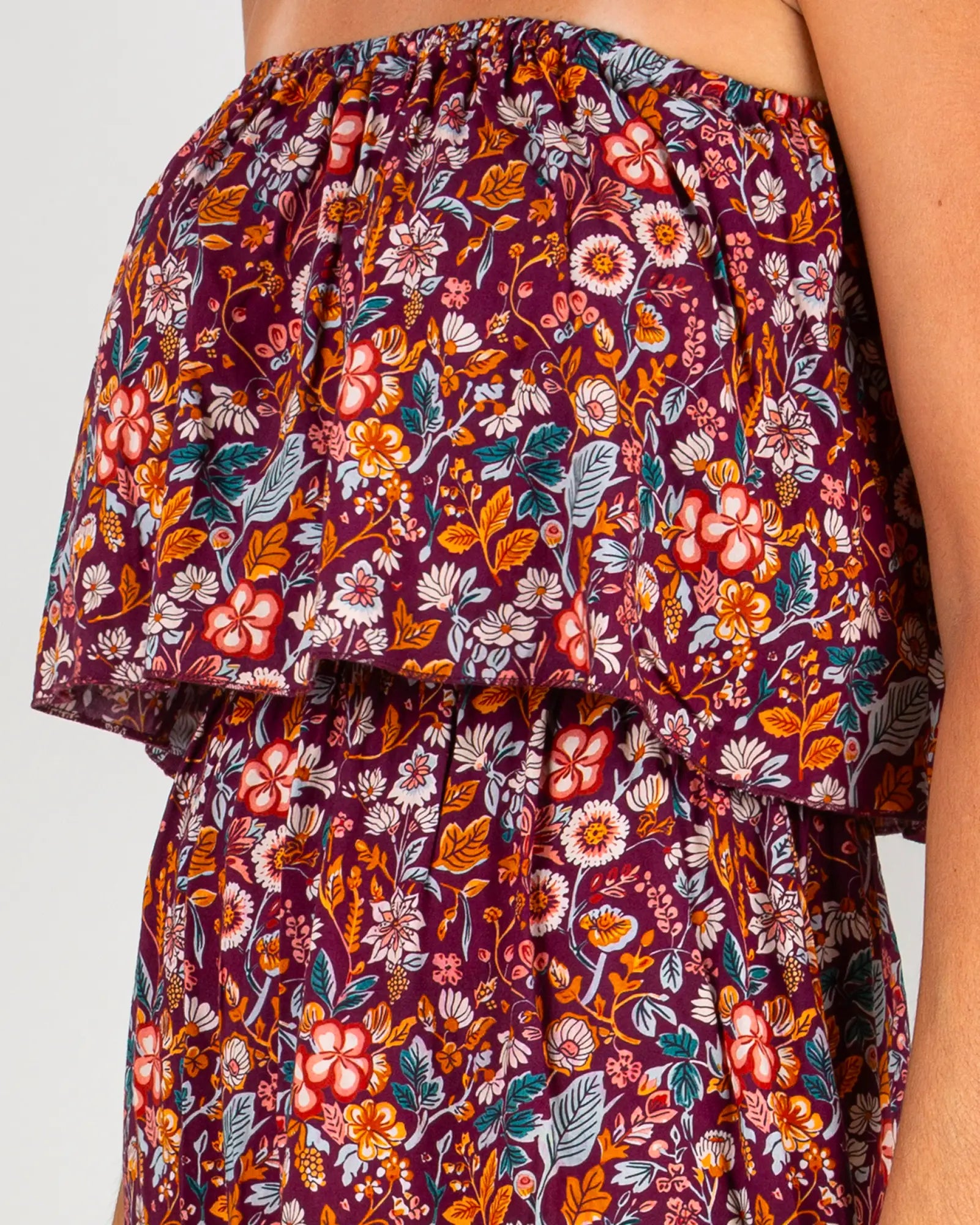 Robe épaules dénudées femme Bokabas, zoom sur l'imprimé fleuri violet Morris