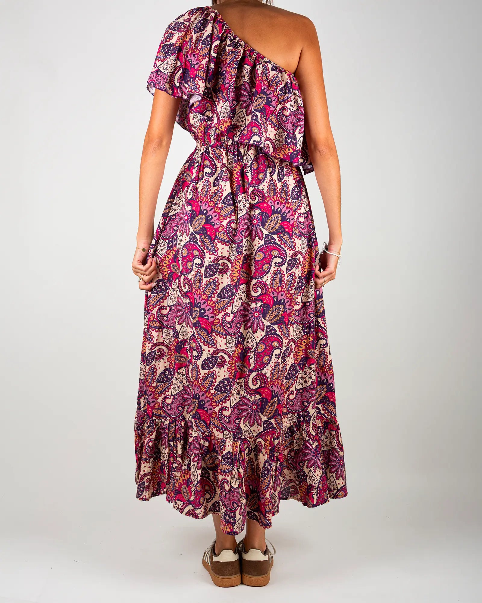 Robe épaules dénudées femme Bokabas, imprimé Pow rose et beige, vue de dos