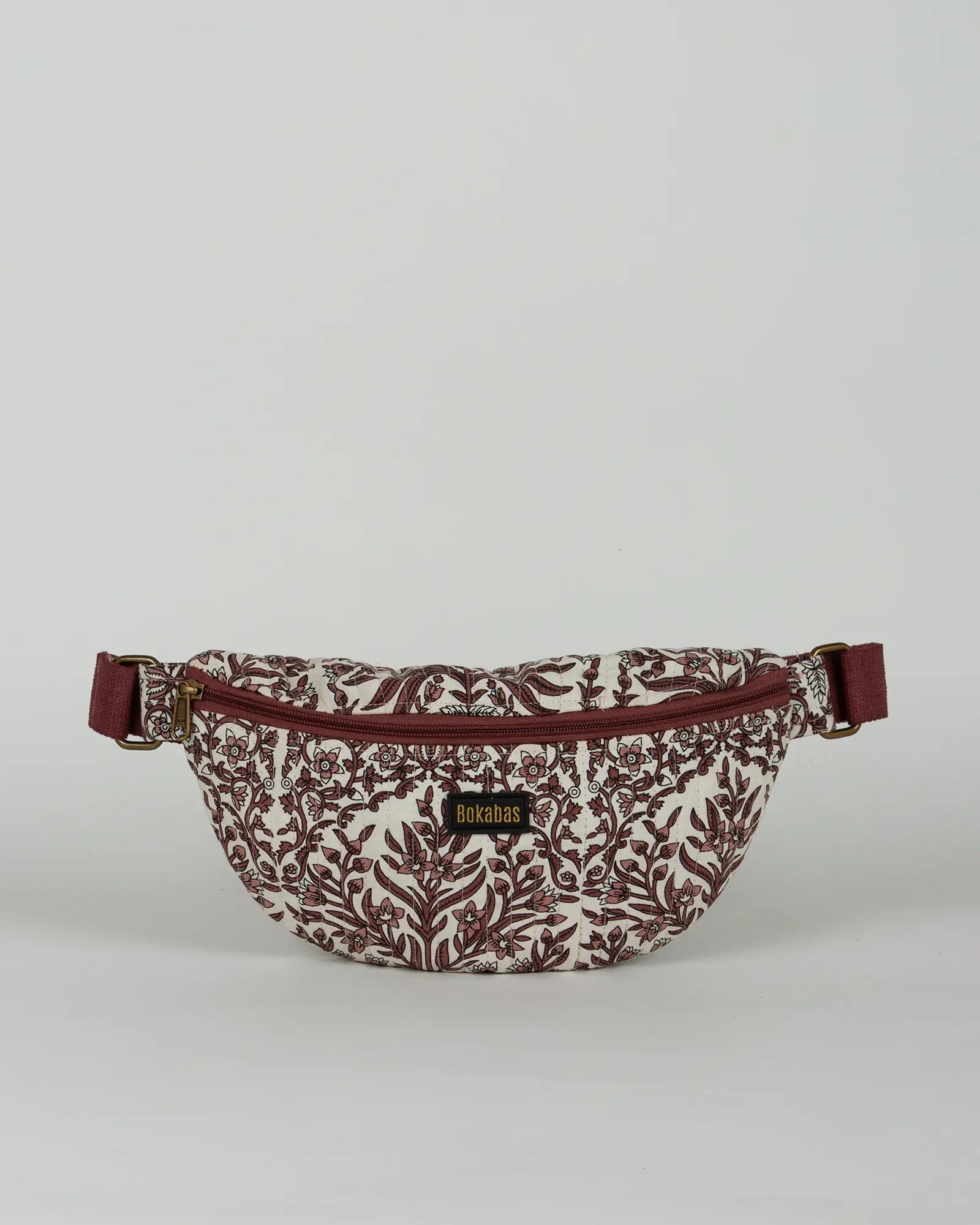 Sac banane matelassé Bokabas, imprimé Vale fleuri marron et blanc, vue de face
