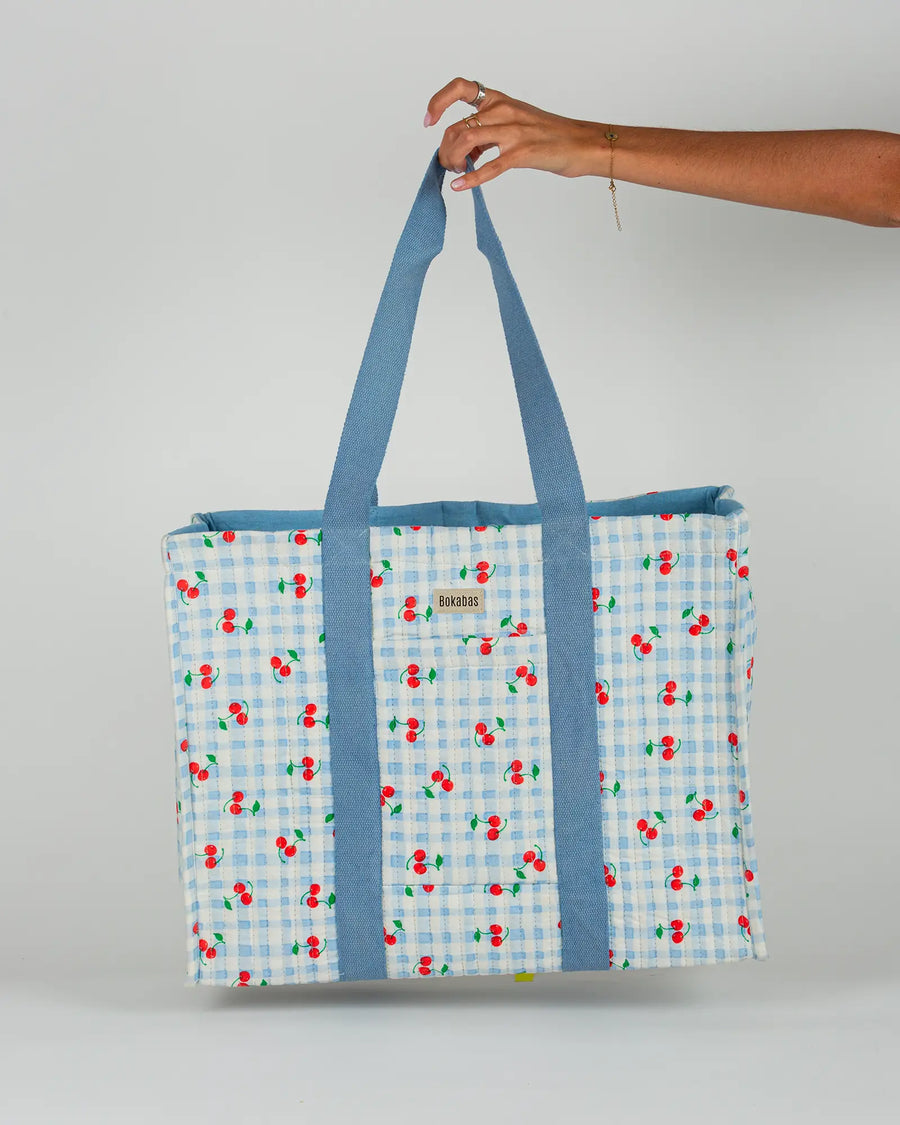Sac cabas en tissu matelassé Bokabas, imprimé Cerise vichy bleu, vue de face
