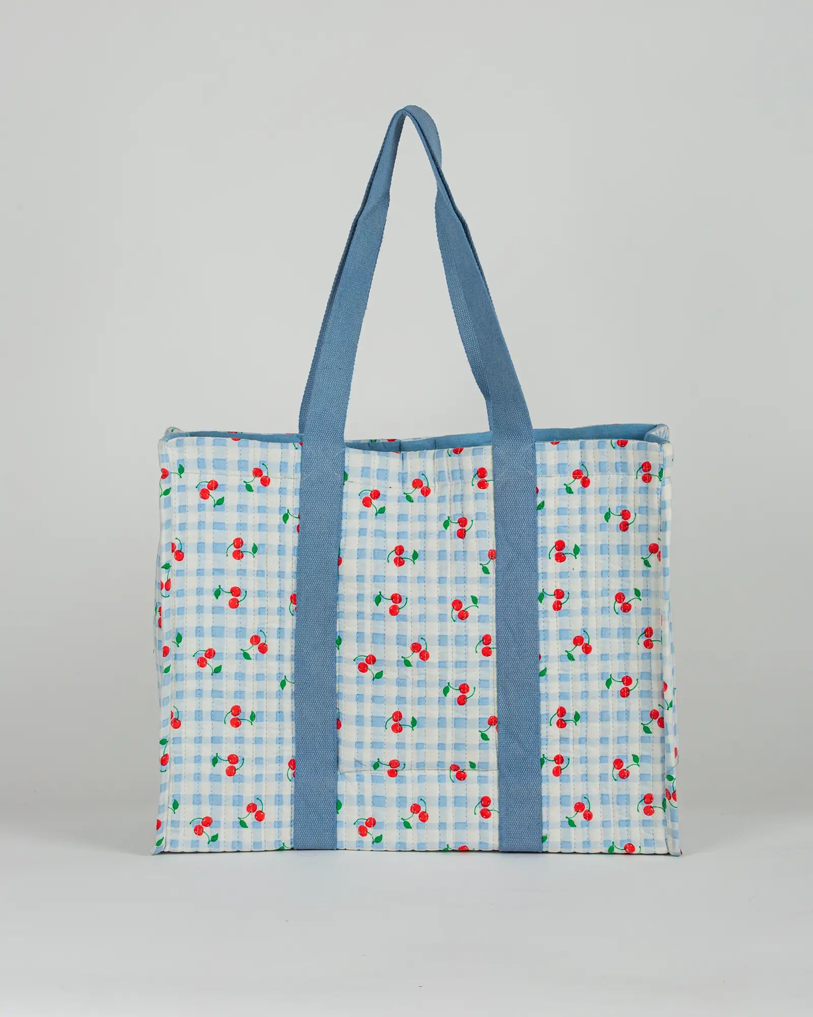 Sac cabas en tissu matelassé Bokabas, imprimé Cerise vichy bleu, vue de dos