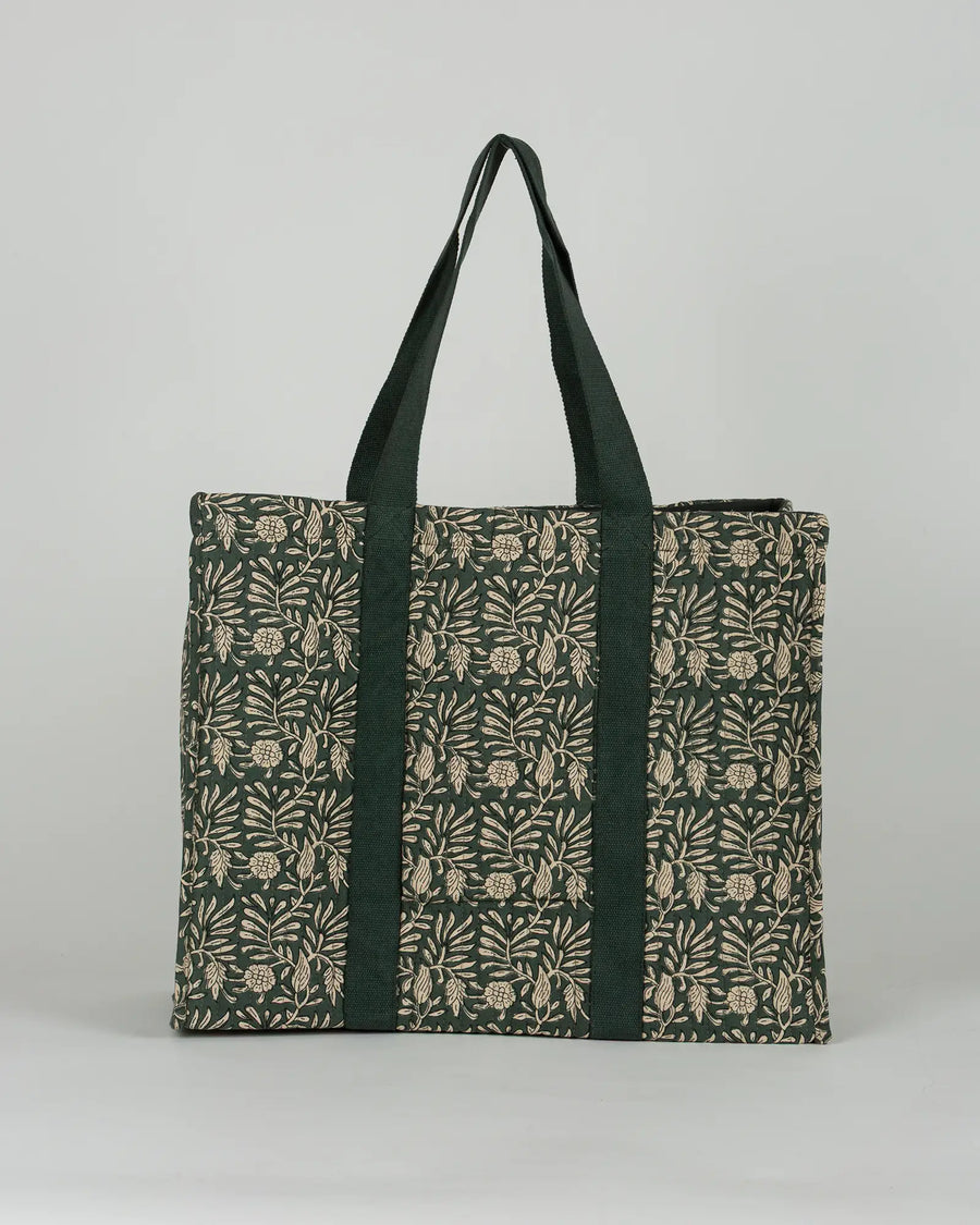 Sac cabas en tissu matelassé Bokabas, imprimé Dema vert kaki, vue de dos