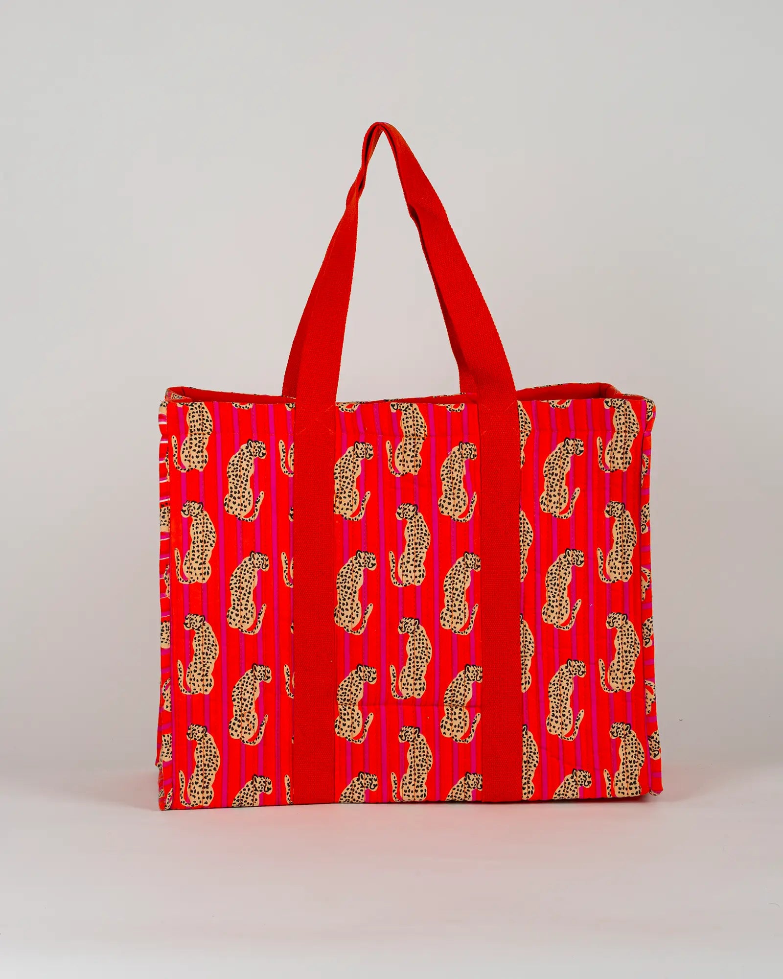 Sac cabas en tissu matelassé Bokabas, imprimé Guépard rayé orange et rose, vue de dos