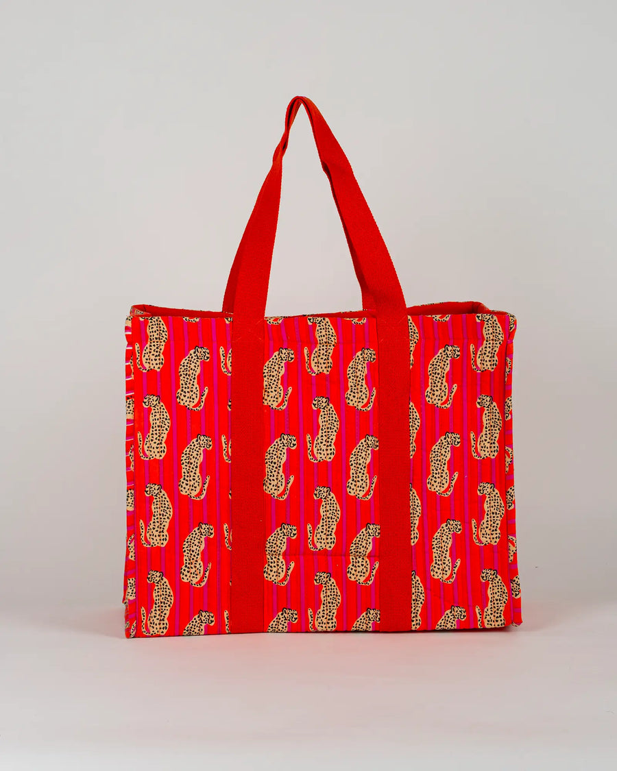 Sac cabas en tissu matelassé Bokabas, imprimé Guépard rayé orange et rose, vue de dos