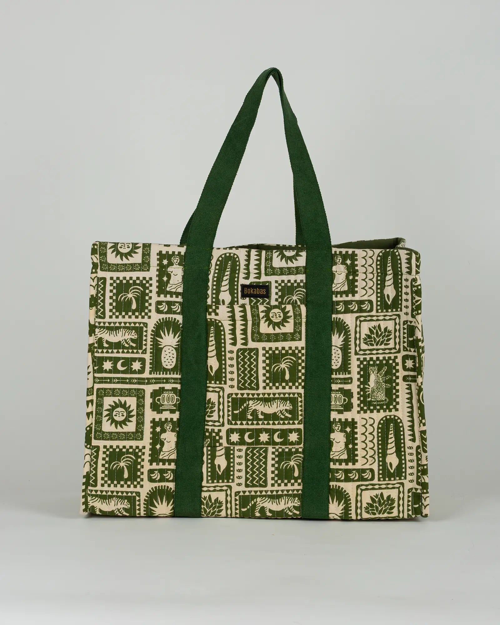 Sac cabas en tissu matelassé Bokabas, imprimé Art vert kaki et beige, vue de face