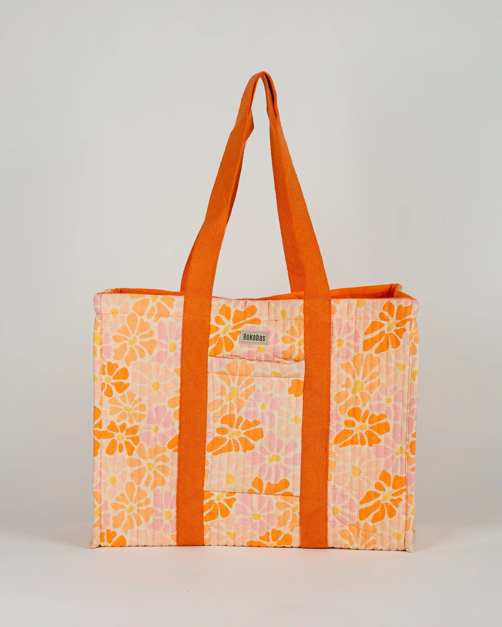 Sac cabas en tissu matelassé Bokabas, imprimé Peachy fleuri orange, vue de face