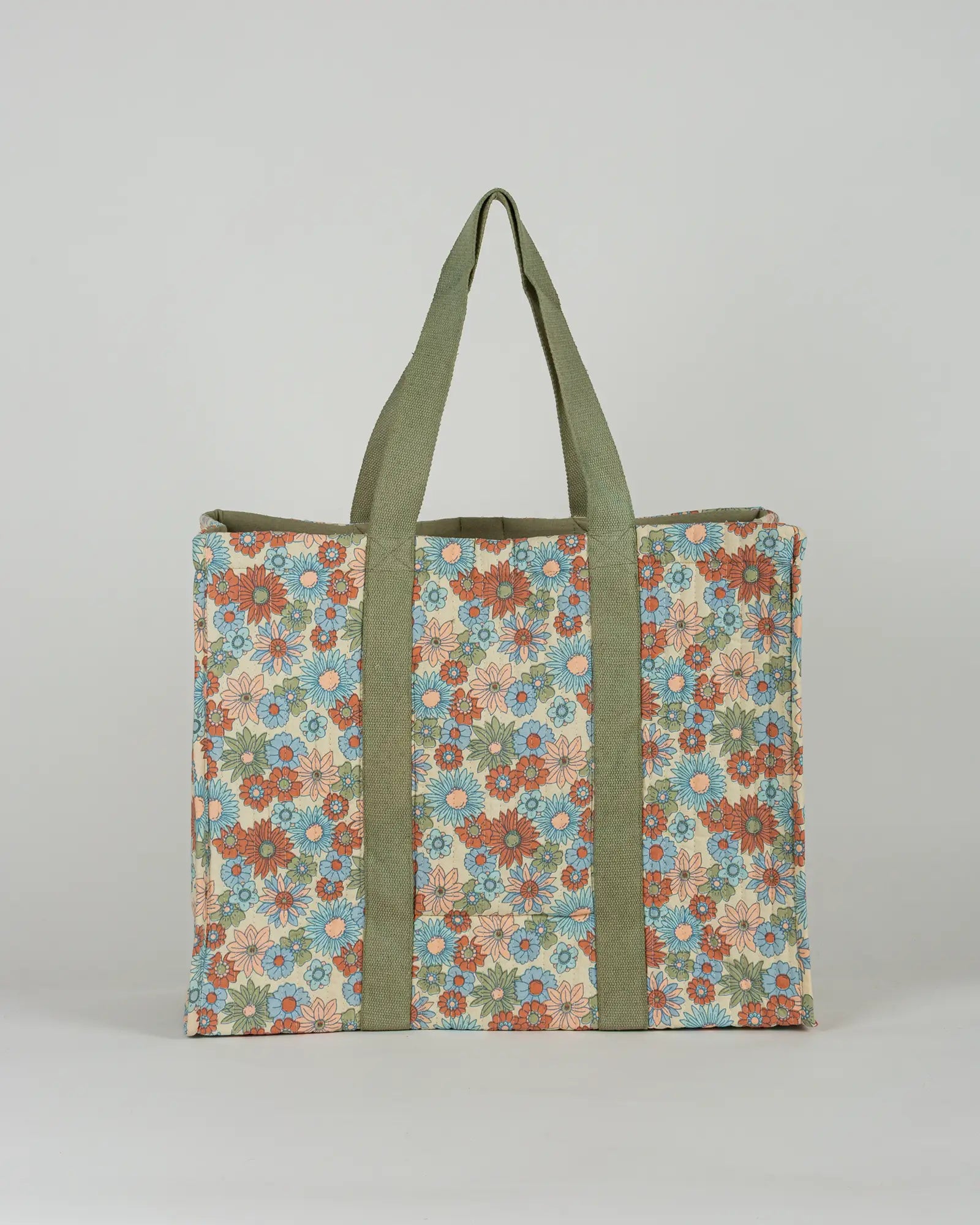 Sac cabas en tissu matelassé Bokabas, imprimé Rétro liberty vert, bleu et orange, vue de dos