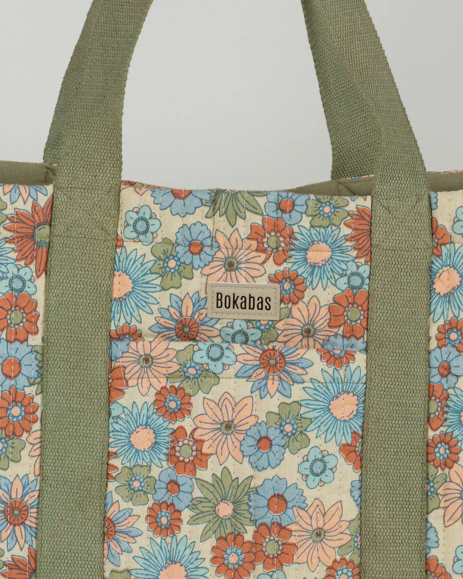 Sac cabas en tissu matelassé Bokabas, imprimé Rétro liberty vert, bleu et orange, zoom sur la matière