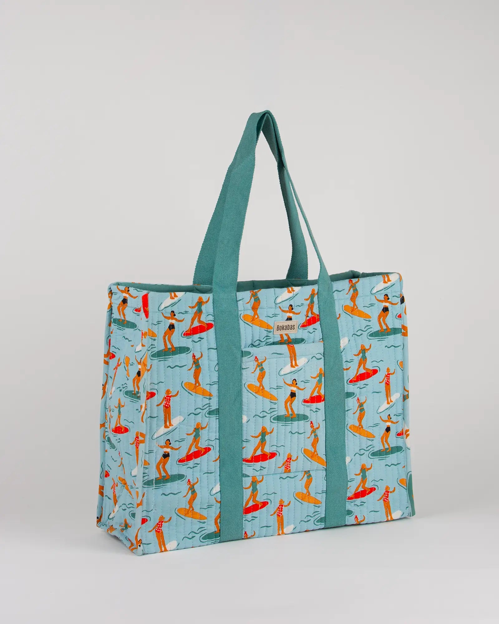 Sac cabas en tissu matelassé Bokabas, imprimé Surf bleu, vue de trois-quarts