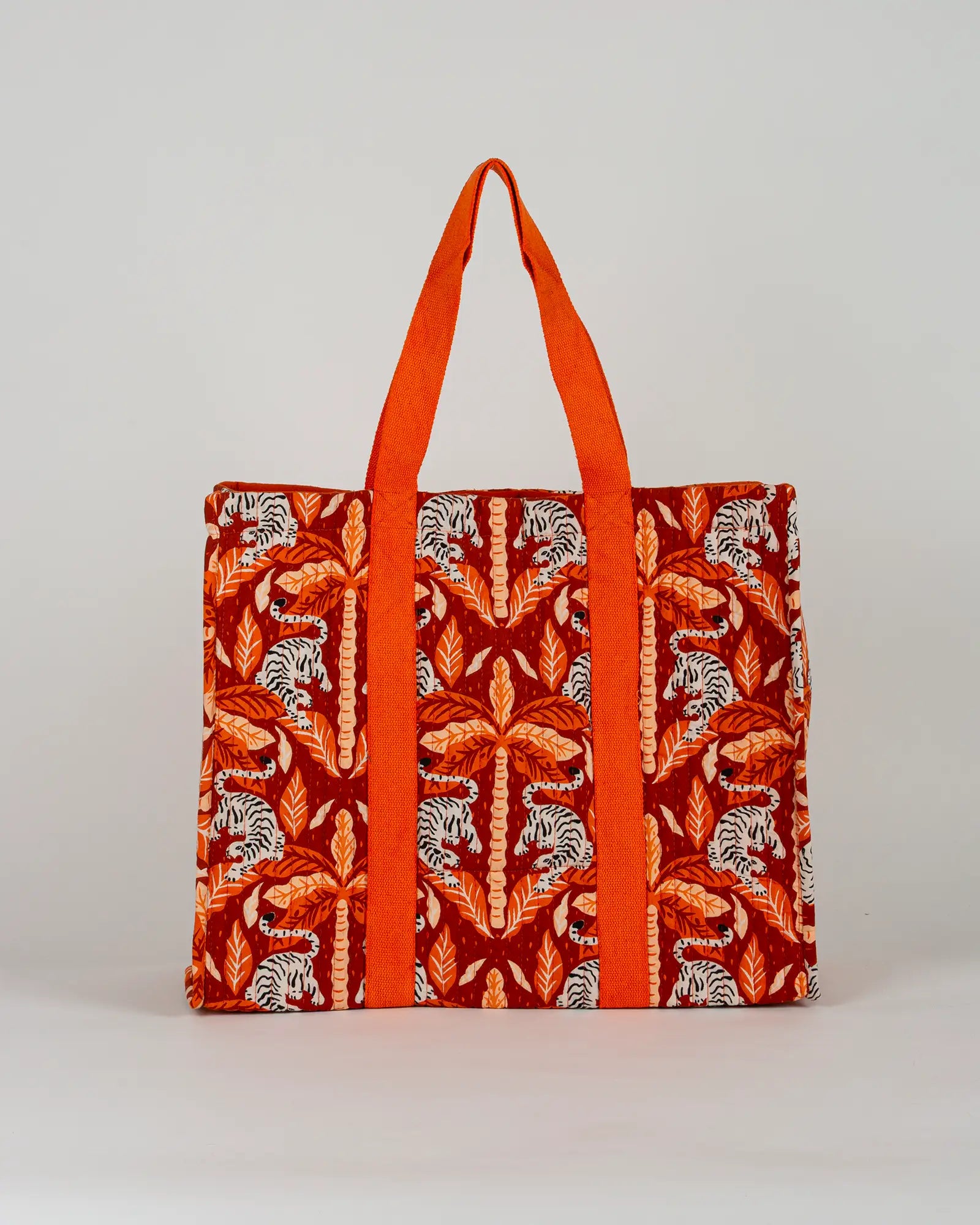 Sac cabas en tissu matelassé Bokabas, imprimé Tropique palmier et guépard orange, vue de dos