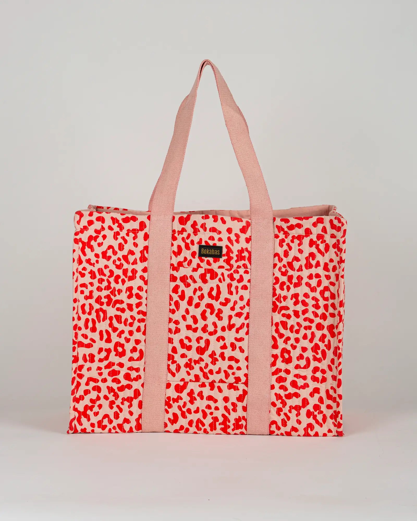 Sac cabas en tissu matelassé Bokabas, imprimé Valentine léopard rouge et rose, vue de face
