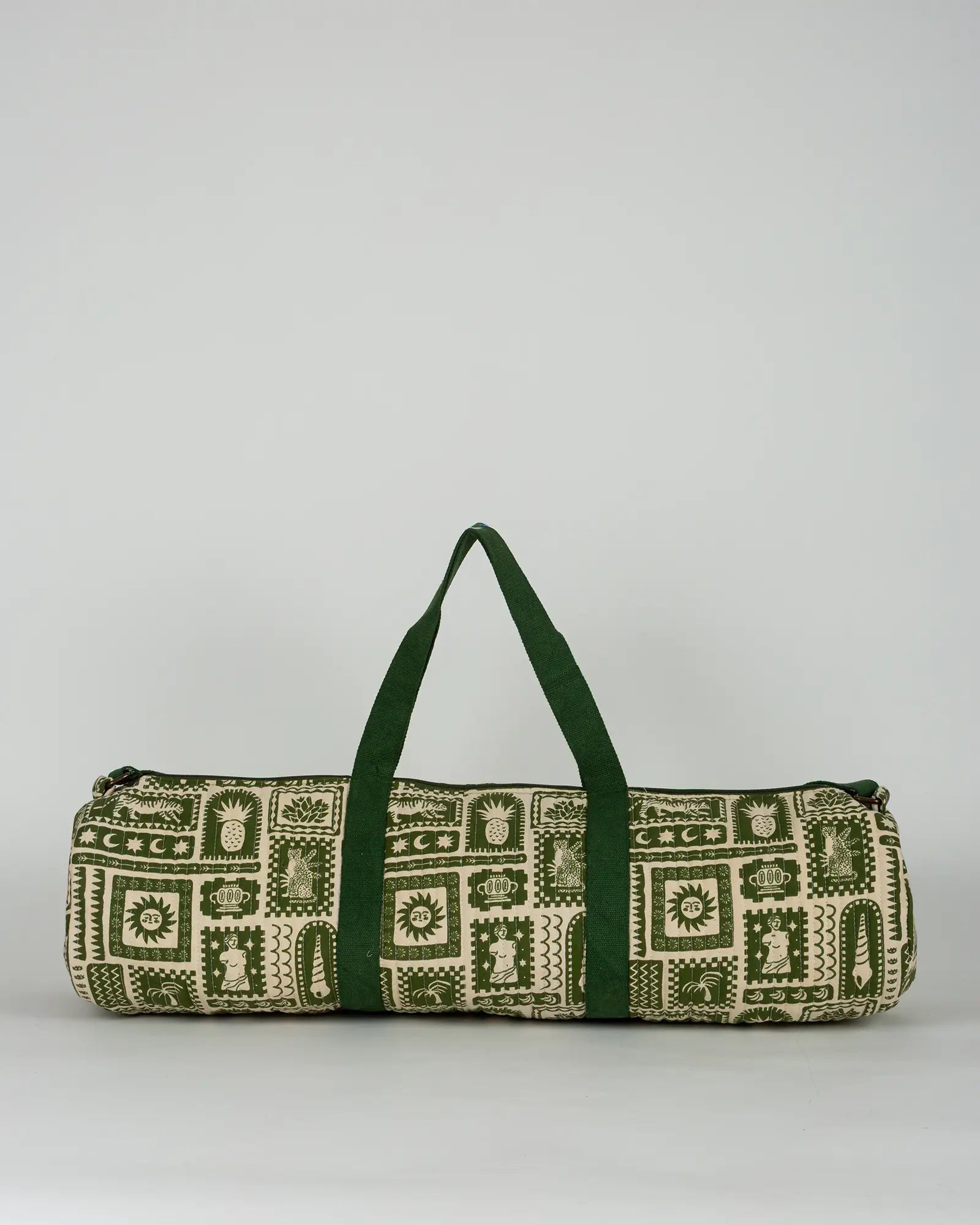 Sac de yoga en tissu matelassé Bokabas, imprimé Art vert kaki et beige, vue de dos