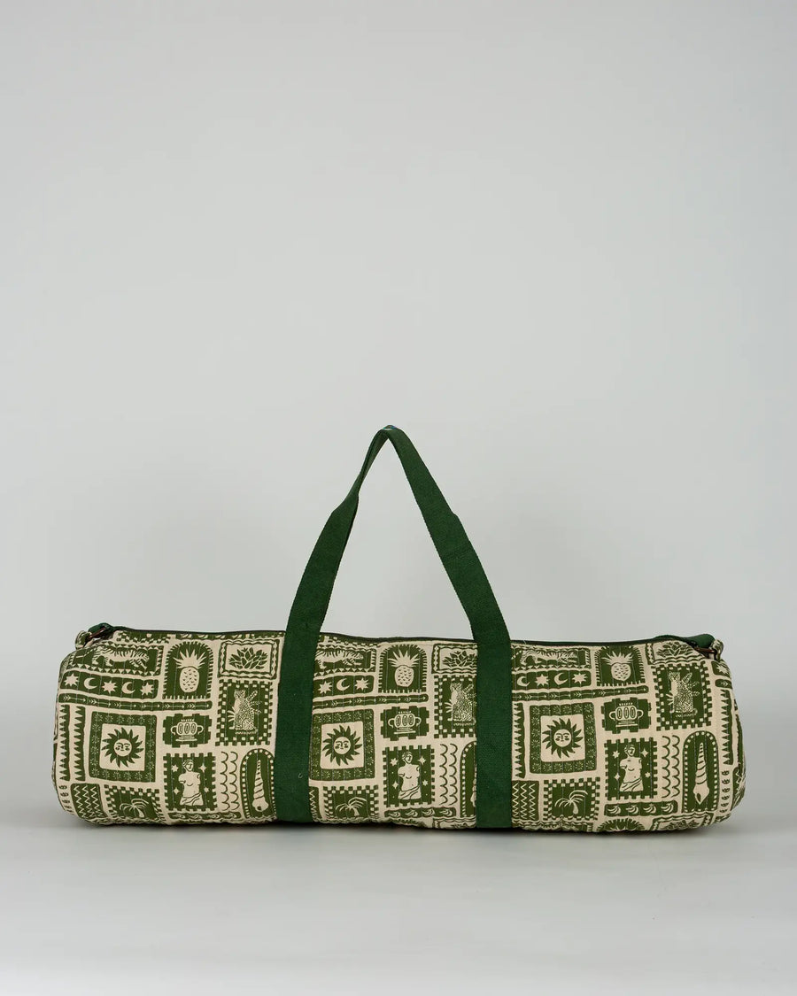 Sac de yoga en tissu matelassé Bokabas, imprimé Art vert kaki et beige, vue de dos