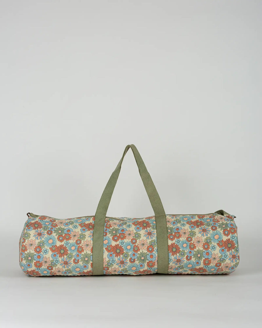 Sac de yoga en tissu matelassé Bokabas, imprimé Rétro liberty vert, bleu et orange, vue de dos